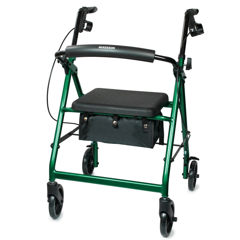 Green rollator with a black seat on a white background