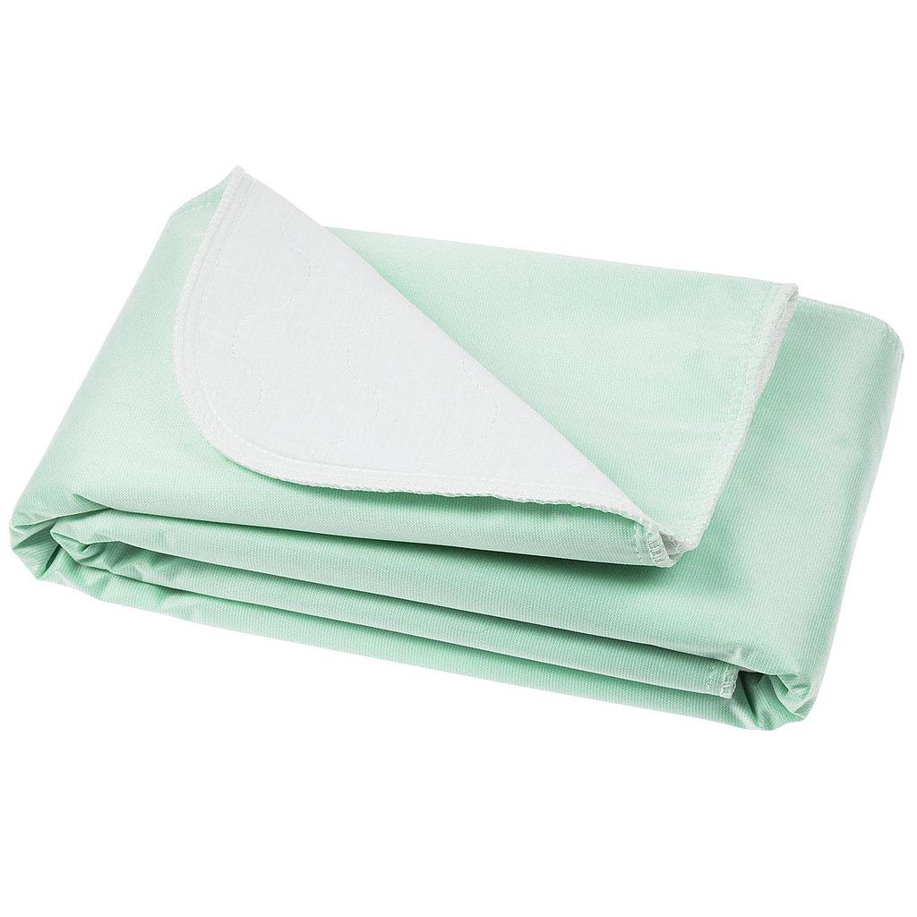 Folded green blanket with white lining on a white background