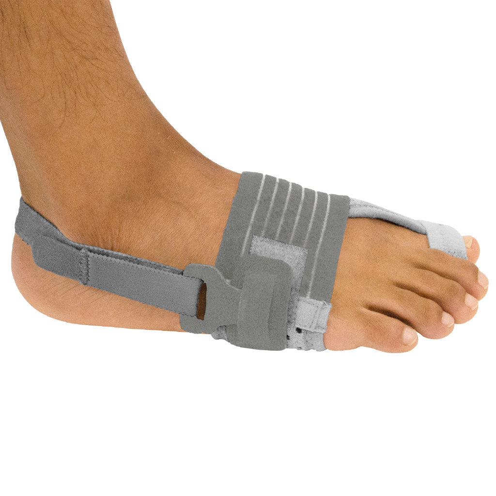 Gray foot brace on a person's foot against a white background
