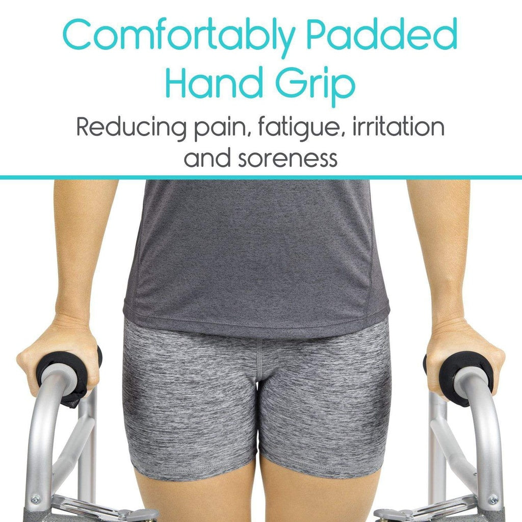 Person using a walker with text about comfortably padded hand grip benefits