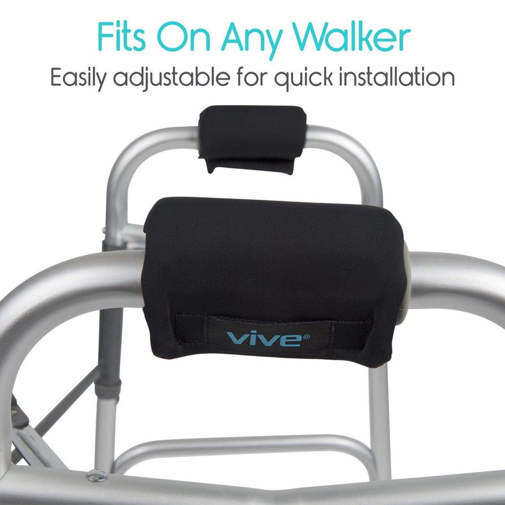 Black Vive walker armrest cover on a walker with text indicating adjustability.