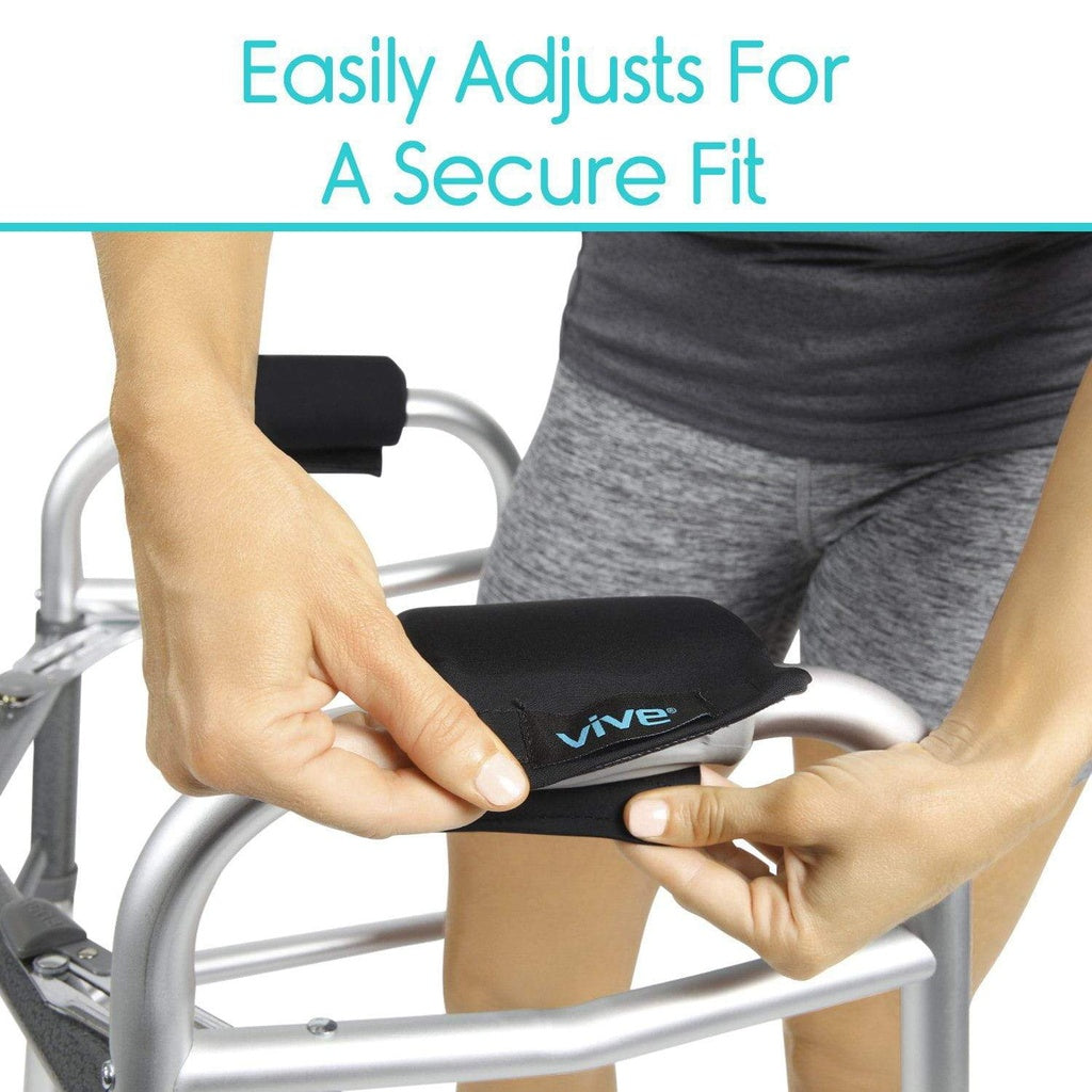 Person adjusting a black Vive cushion on a walker with text 'Easily Adjusts For A Secure Fit'.