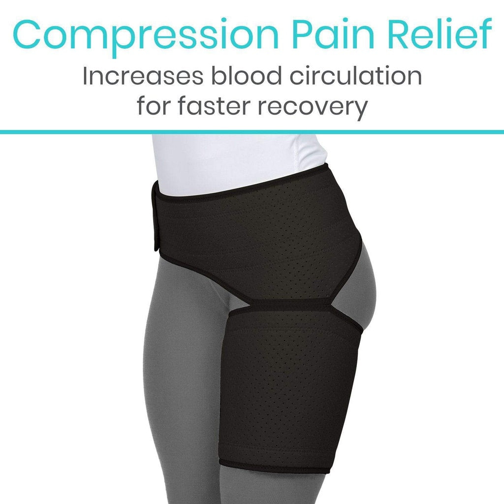 Black compression wrap on a person's waist with text about compression pain relief.
