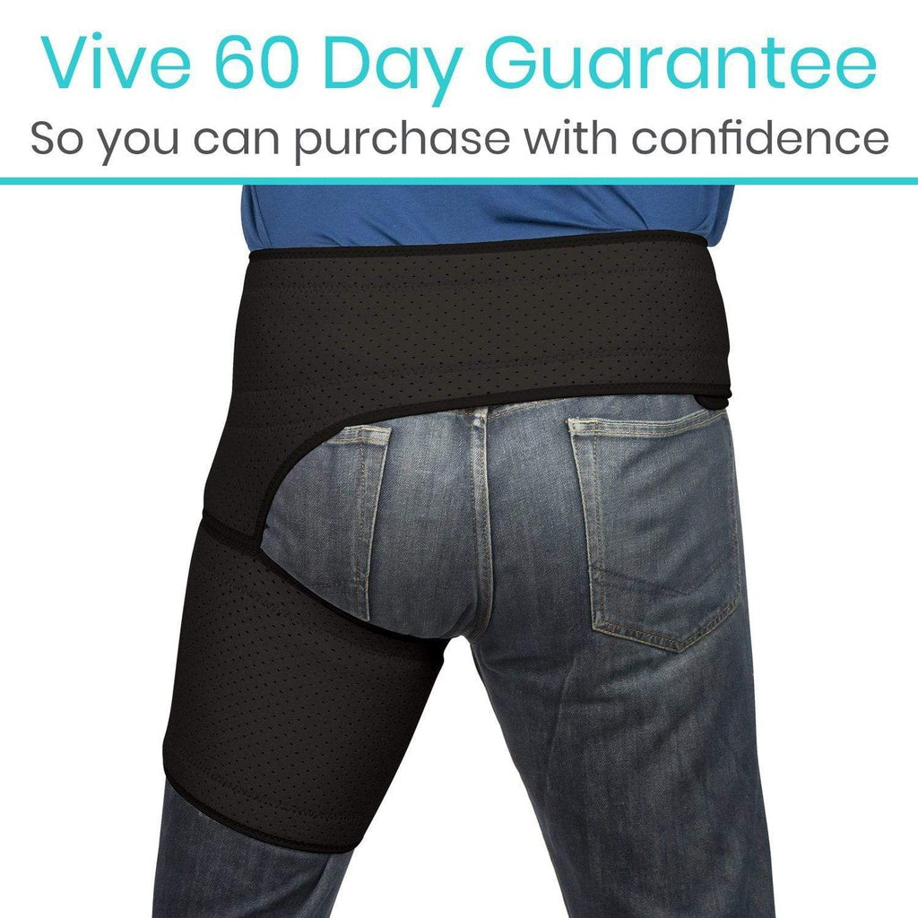 Black waist support belt worn by a person with text about a 60-day guarantee.