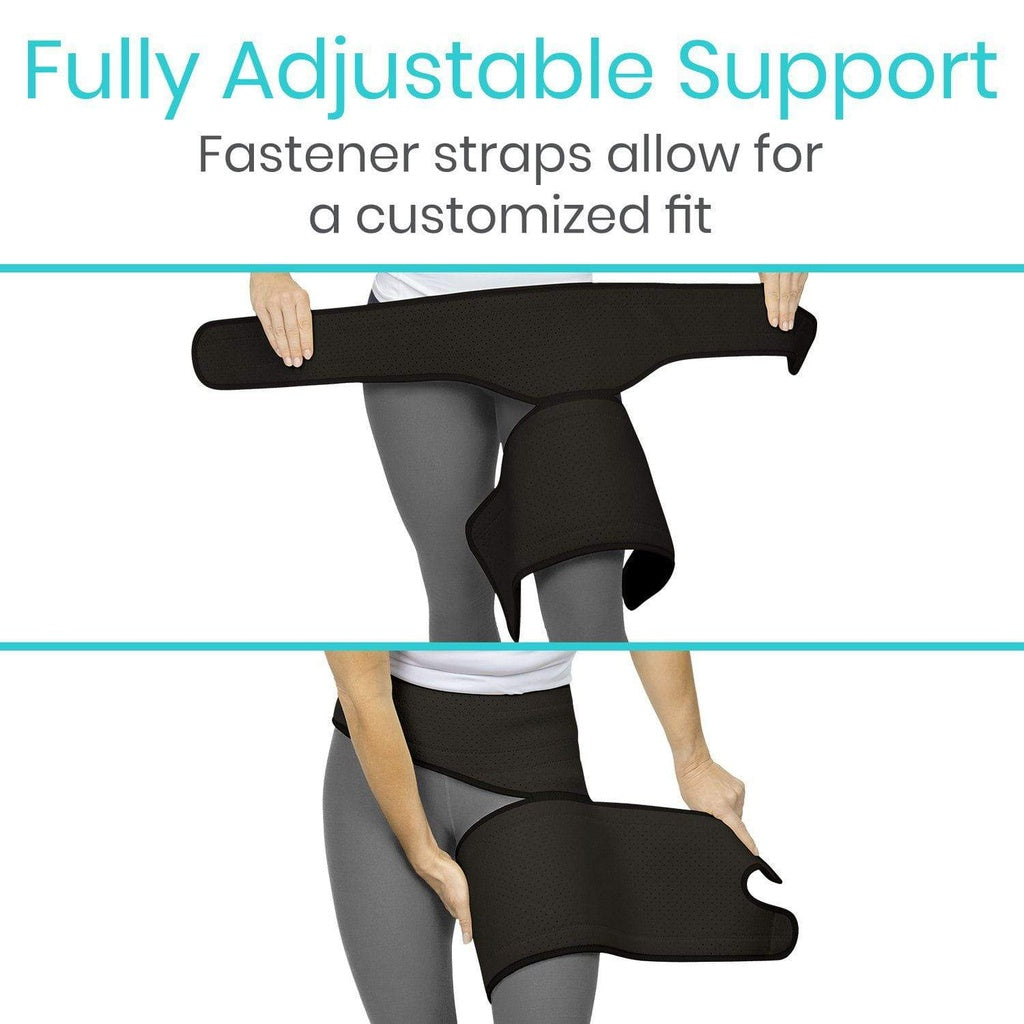 Black support belt being adjusted on a person with text about fully adjustable support.