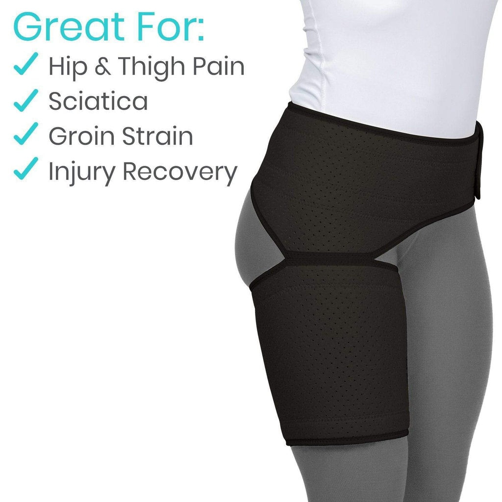 Black compression garment on a person with text indicating its uses for hip and thigh pain, sciatica, groin strain, and injury recovery.