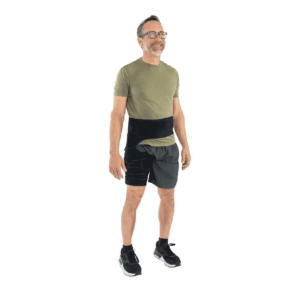 Man wearing a green t-shirt, black shorts, and a black waist support belt on a white background