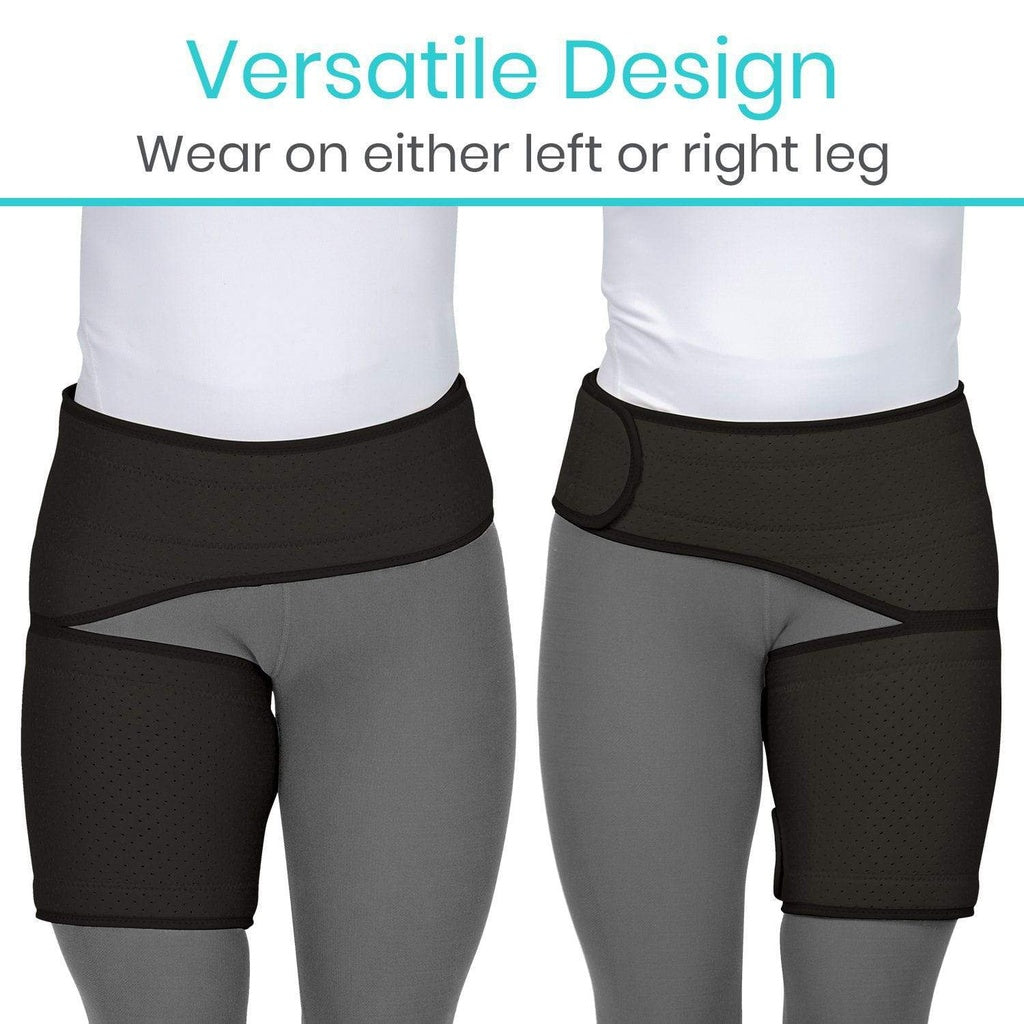 Gray leggings with black mesh panels worn on both legs, text indicating versatility.