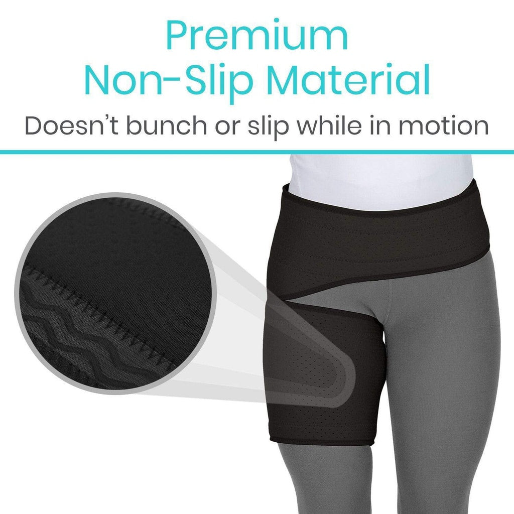 Black knee support brace with text about premium non-slip material on a white background