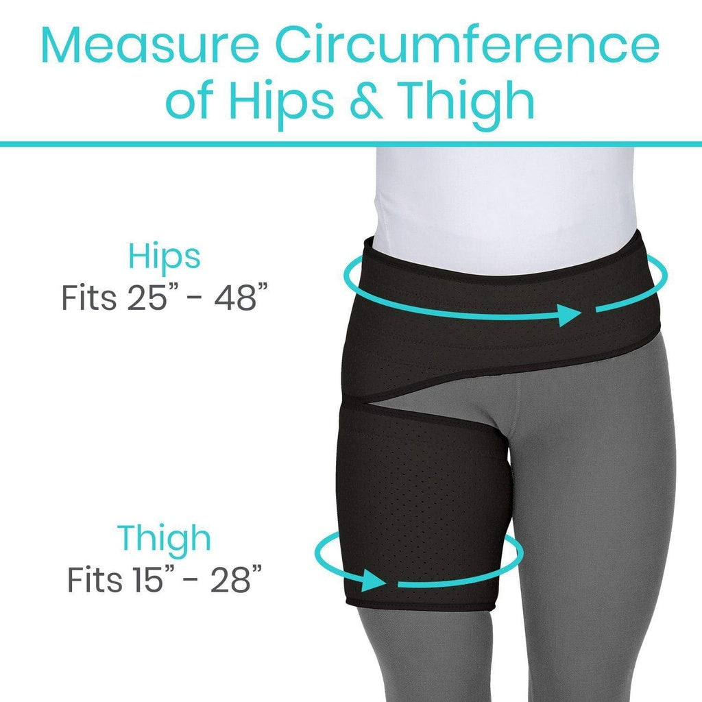 Measurement guide for a garment with hip and thigh circumference ranges.