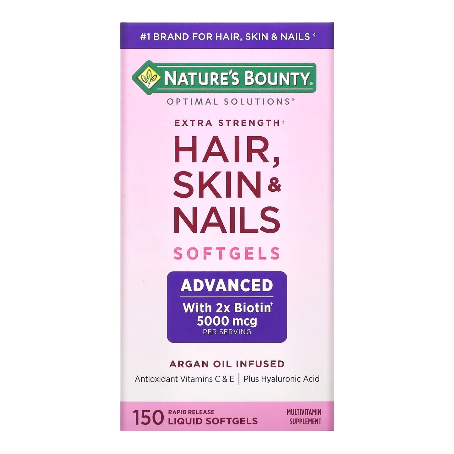 Nature's Bounty Hair, Skin & Nails supplement packaging on a white background