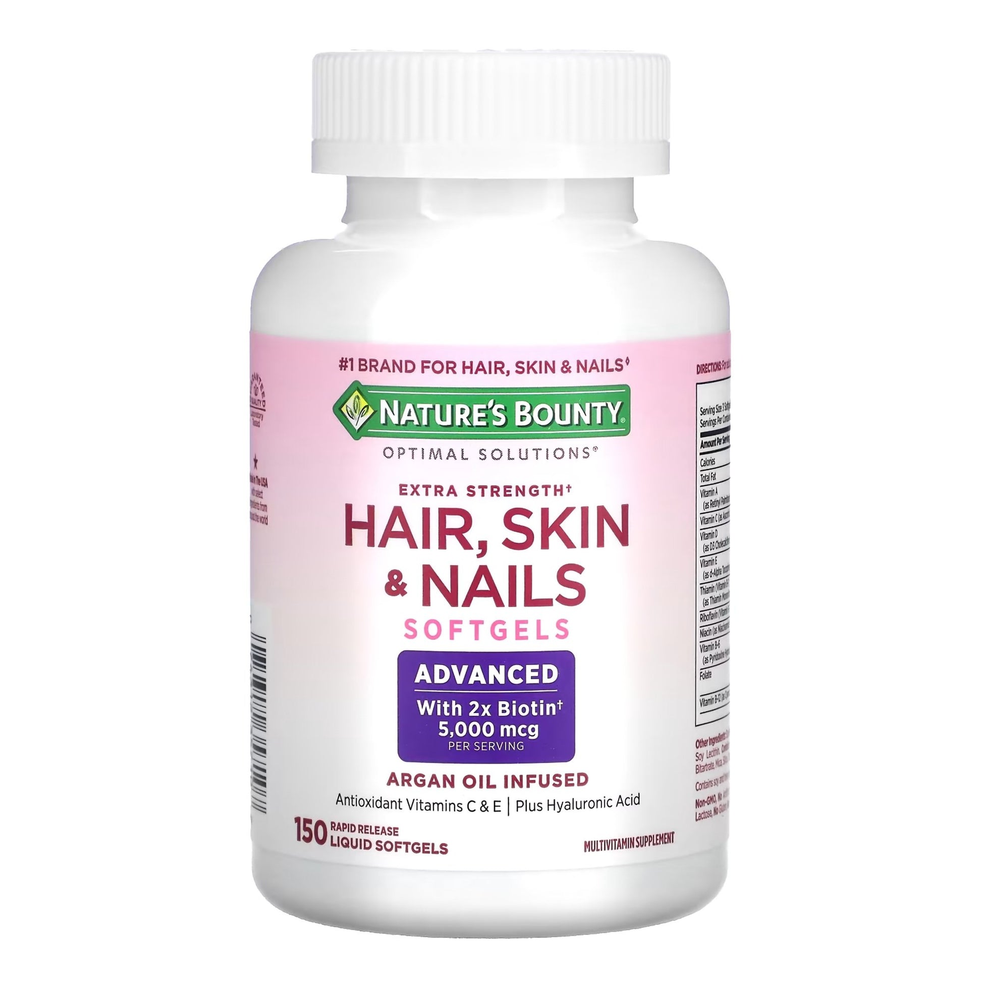 Nature's Bounty Hair, Skin & Nails supplement bottle on a white background