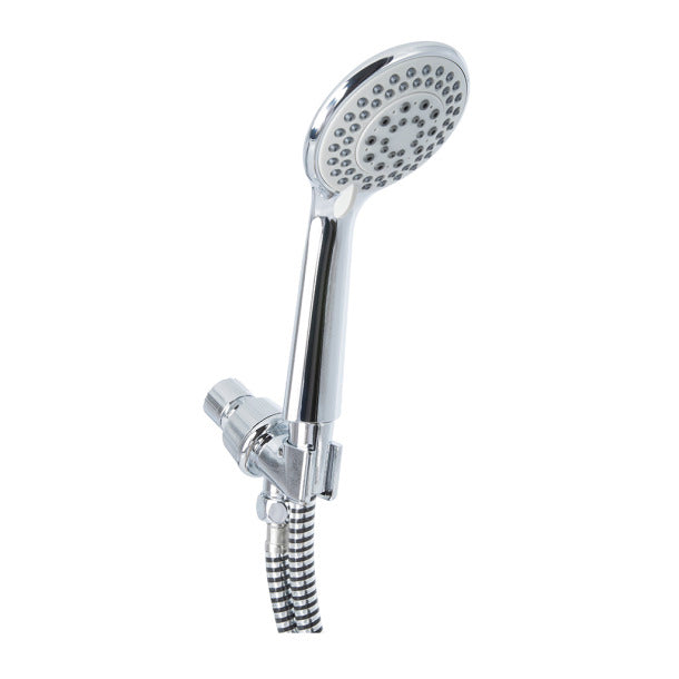 Chrome shower head with flexible hose on a white background
