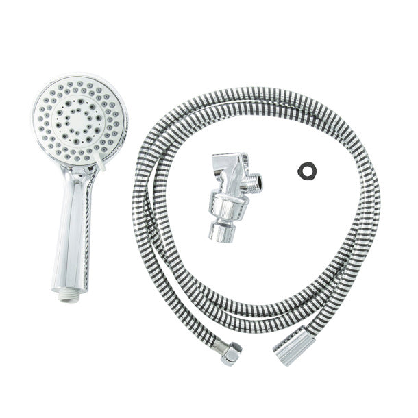 Shower head with hose and valve on a white background