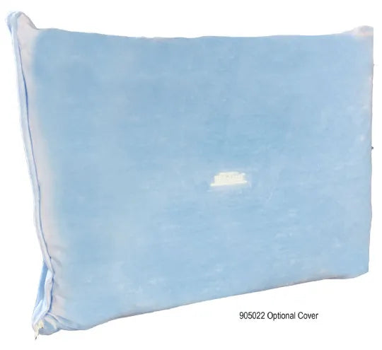 Blue pillow cover with a visible brand logo on a white background