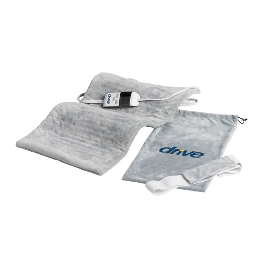 Gray heating pad with 'drive' branding on a white background