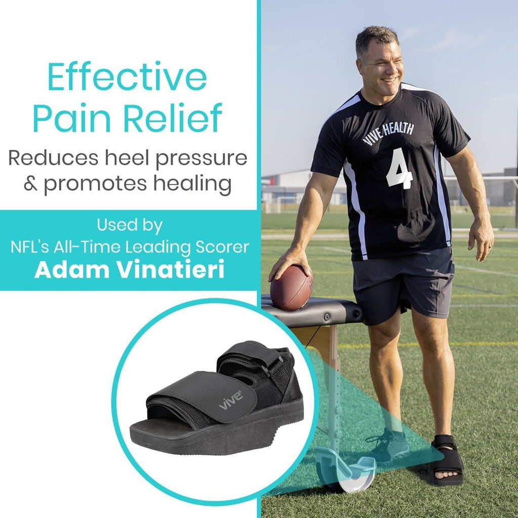 Man holding a football on a sports field with Vive health product and text about pain relief.