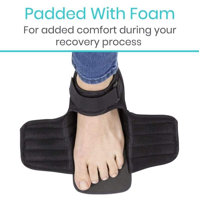 Black ankle support brace with text about foam padding for recovery on a white background