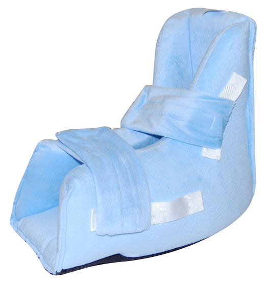 Blue heel protector with white straps on a white background