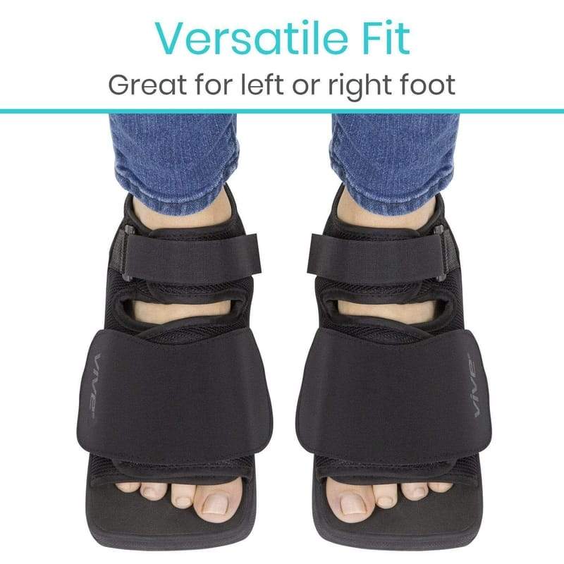Black foot orthosis worn on feet with text 'Versatile Fit' and 'Great for left or right foot'.