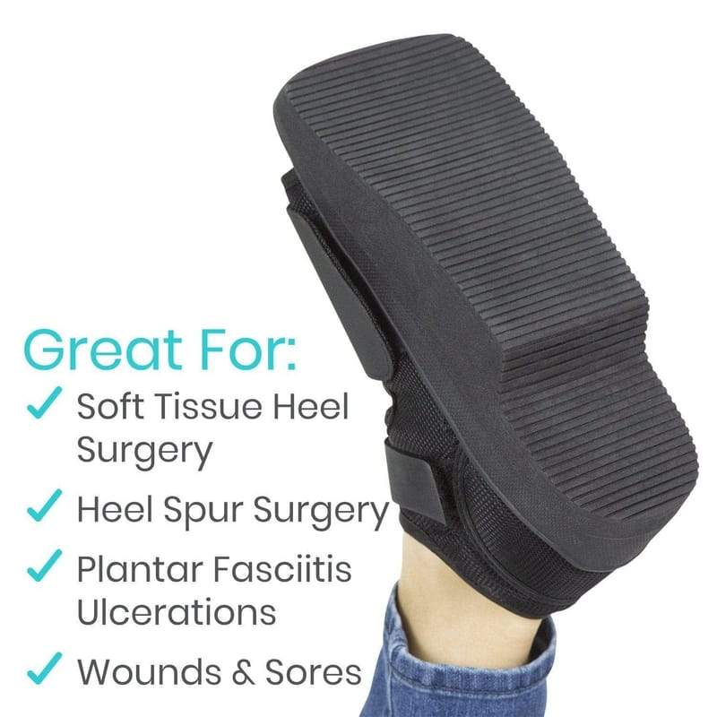 Black orthopedic shoe insert with text highlighting its uses on a white background