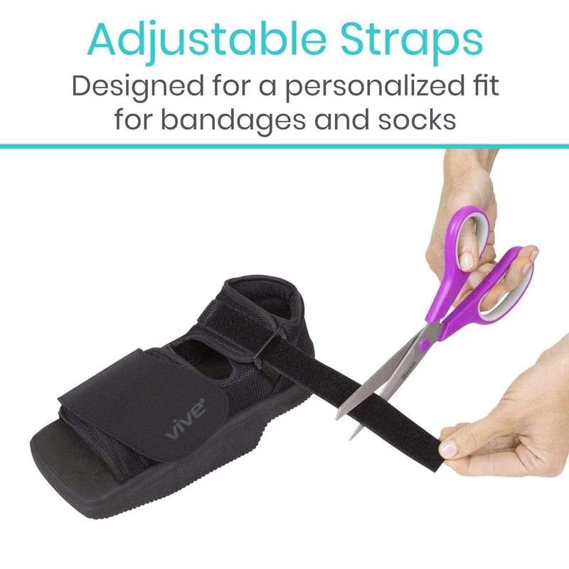 Black sandal with adjustable straps being cut by a pair of scissors, with text about personalized fit for bandages and socks.