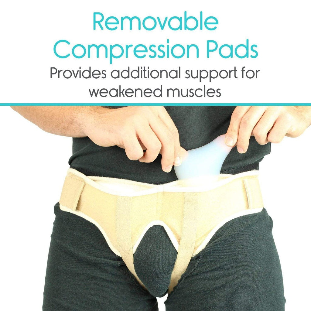 Removable compression pad being applied to a person's waist with text about additional support for weakened muscles.
