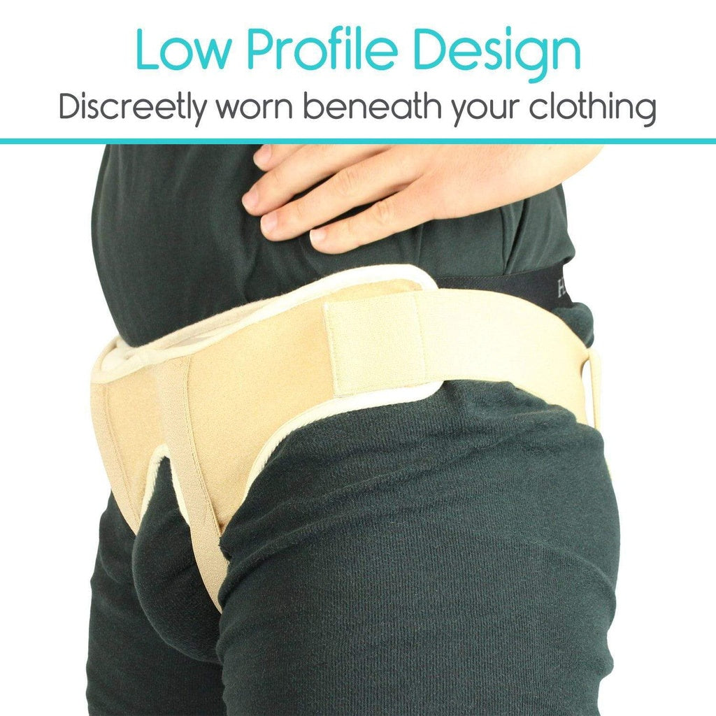 Beige support belt worn by a person with text about low profile design