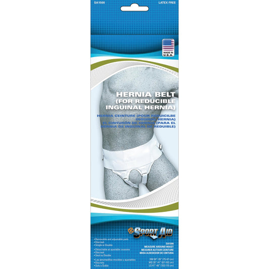 Hernia belt packaging with branding on a white background