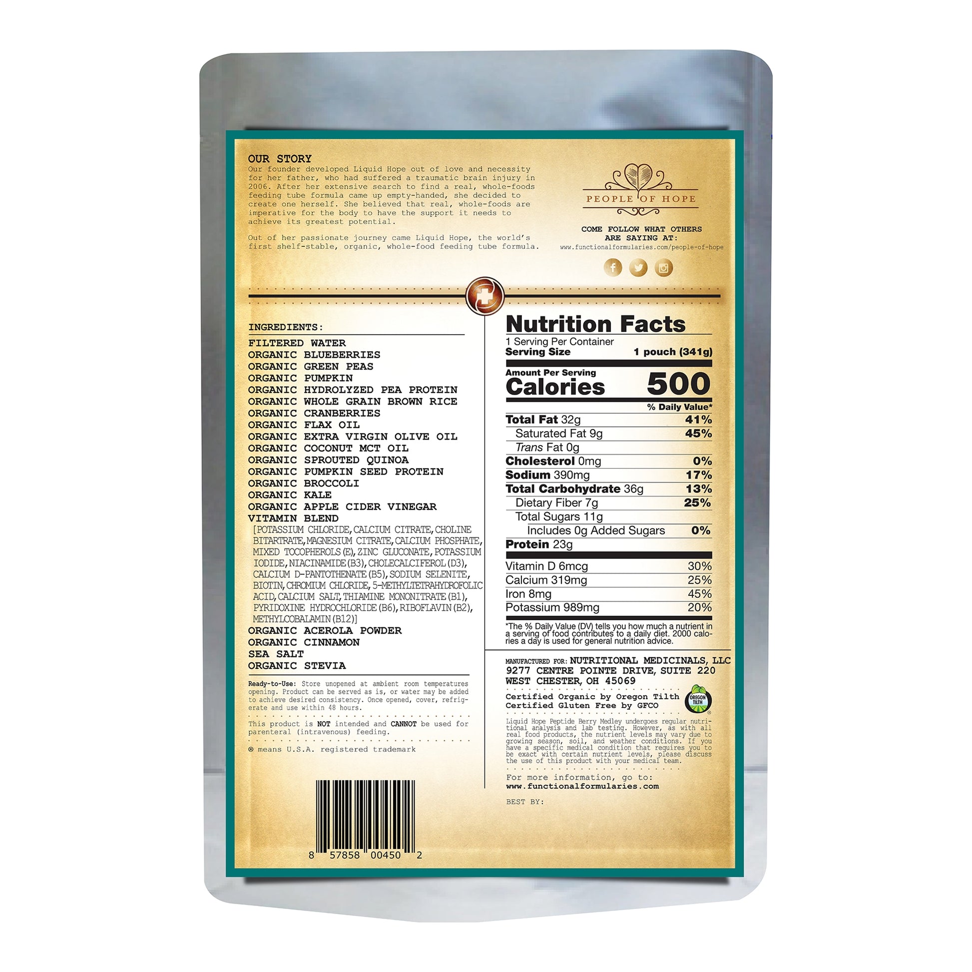 Back label of a supplement package with nutritional information and ingredients.