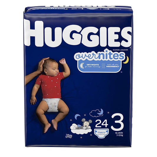 Huggies Overnites diaper package with a child wearing a diaper on a blue background