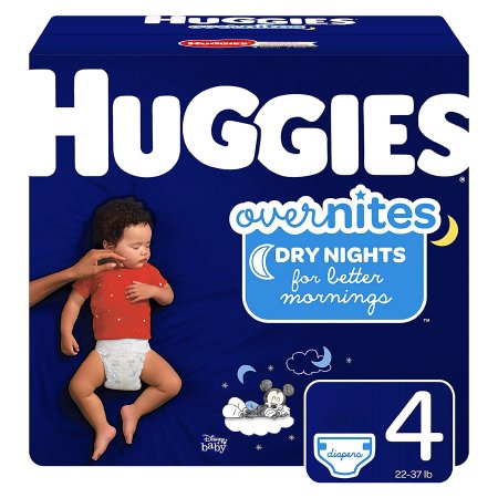 Huggies Overnites diaper package with a child wearing a diaper on a blue background
