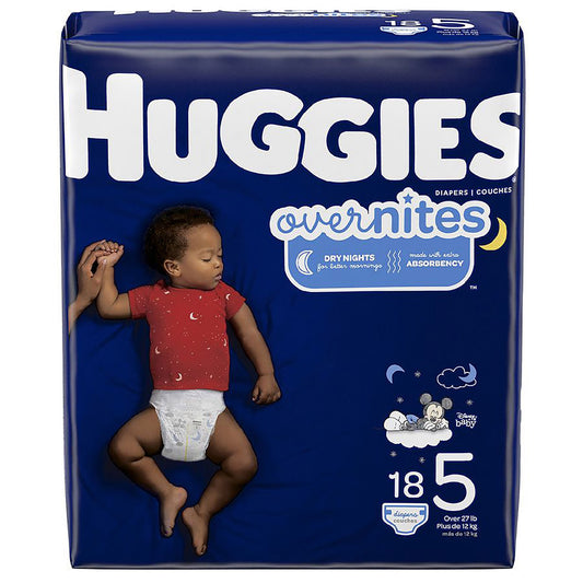Huggies overnites diaper package with a child on a blue background