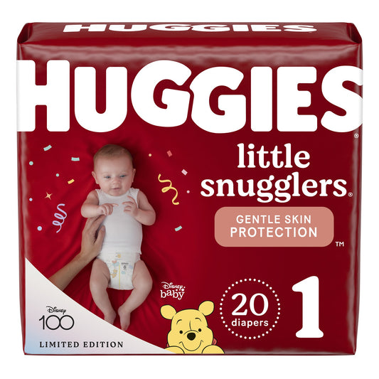 Huggies Little Snugglers diapers packaging with a baby and Winnie the Pooh on a red background