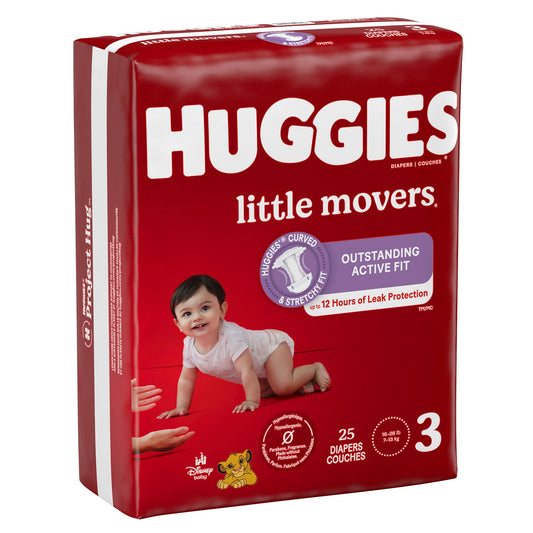 Huggies Little Movers diapers packaging on a white background