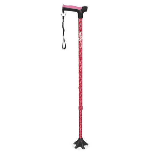 Red and black walking cane with pink handle on a white background