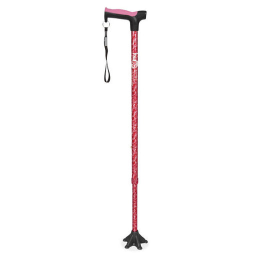 Red and black walking cane with pink handle on a white background
