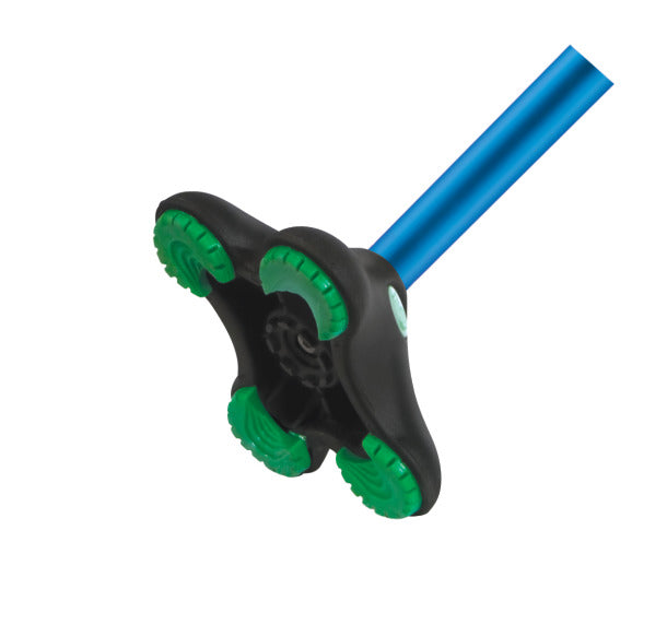 Black and green garden tool with blue handle on a white background