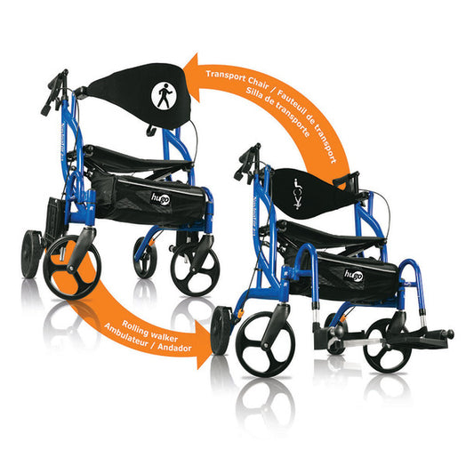 Two blue rolling walkers with black seats on a white background