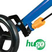 Close-up of a blue and black scooter with an orange component, featuring the 'hugo' brand logo.