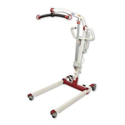 A white and red hospital bed lift with a curved handle and wheels, shown on a plain white background.