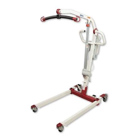 A white and red hospital bed lift with a curved handle and wheels, shown on a plain white background.
