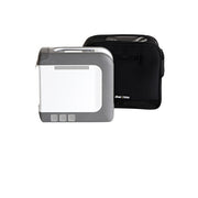 Gray electronic device with a black carrying case on a white background
