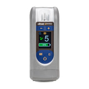 Gray handheld device with digital display on a white background