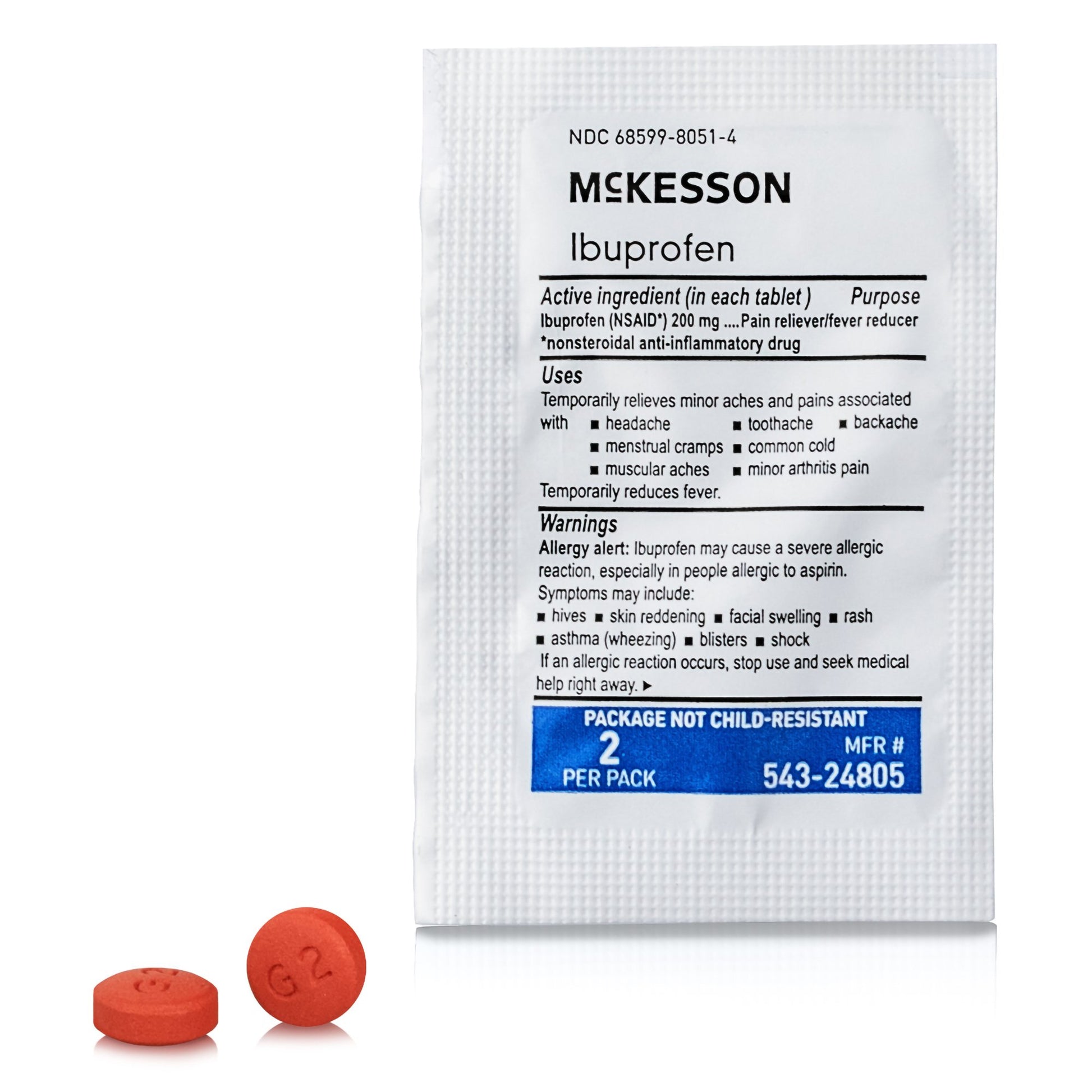 McKesson Ibuprofen package with two red tablets on a white background