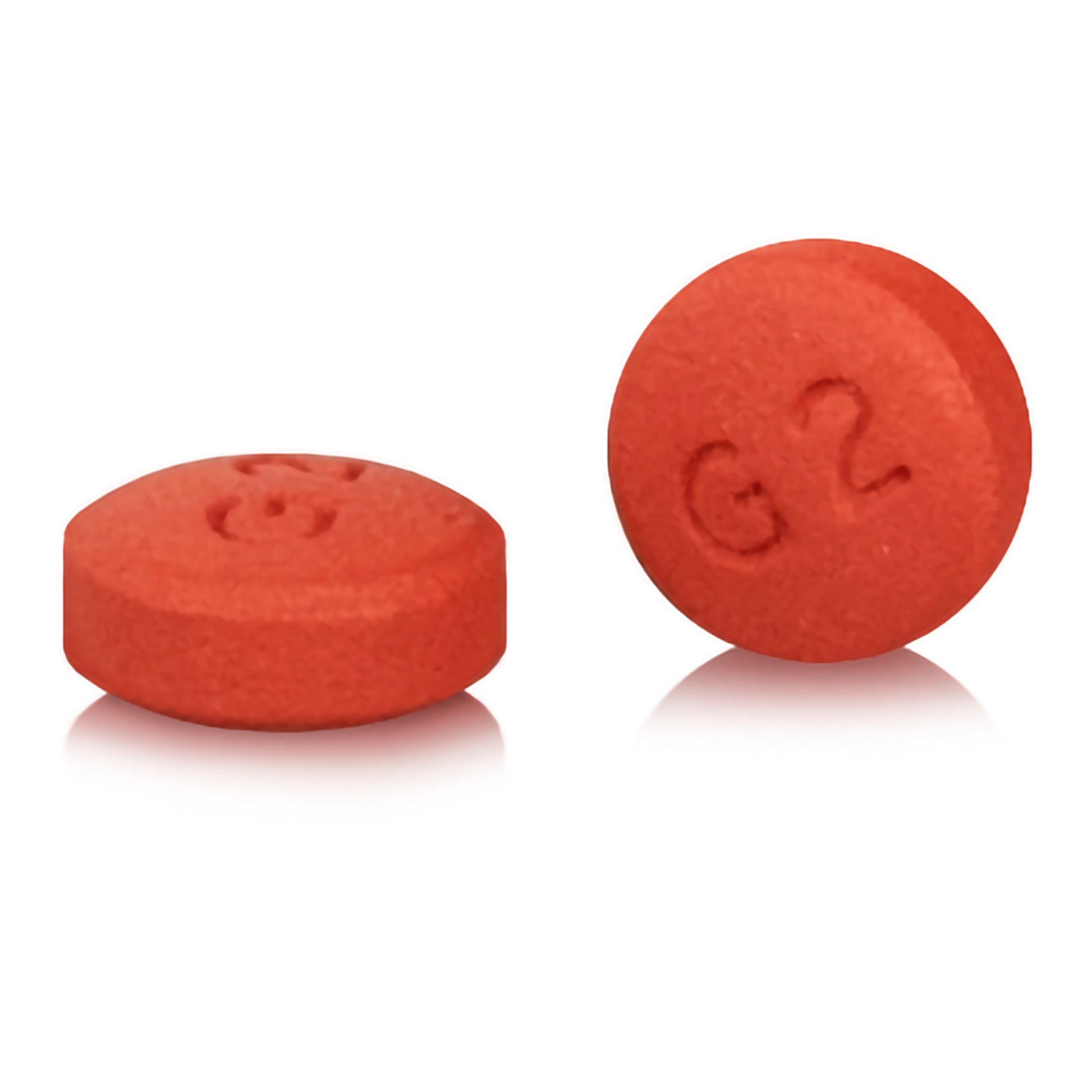 Two red tablets with 'G2' marking on a white background