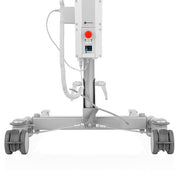 A medical lift unit with a white control console, red emergency stop button, coiled cable, and a gray wheeled base on a white background.
