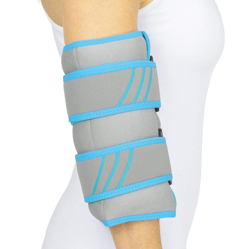 Gray knee brace with blue straps on a white background