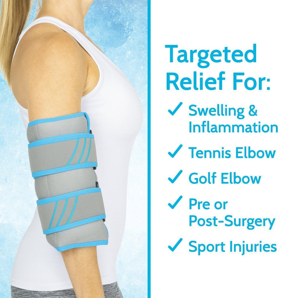 Woman wearing an arm brace with text highlighting its uses on a light blue background