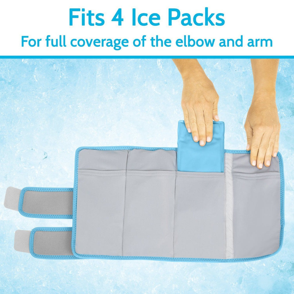 Ice pack wrap with ice packs for elbow and arm coverage on a blue background